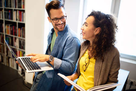 Student studying brainstorming library friends teamwork concept