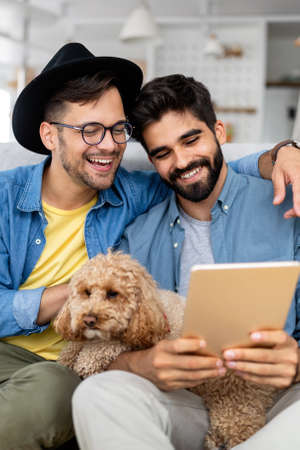 Homosexual couple enjoying video chat using digital tablet at home