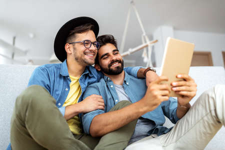 Happy homosexual male couple spending time together