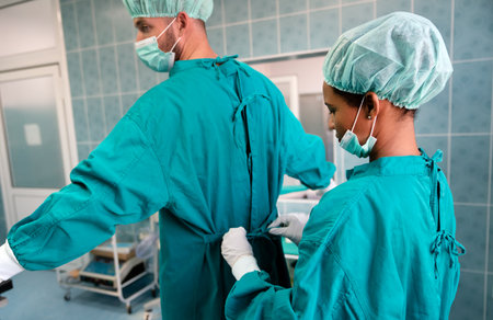 Exhausted surgeons at the emergency room as a sign of stress and overworkの写真素材