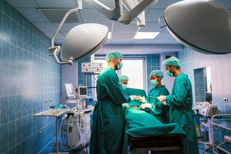 Group of surgeon team at work in operating room in hospitalの写真素材