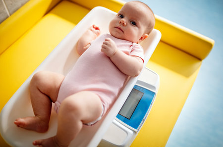 Beautiful newborn baby on weighing scale. Health, baby weight concept.の写真素材
