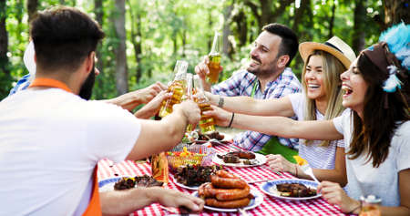 Friends having a barbecue party in natureの写真素材