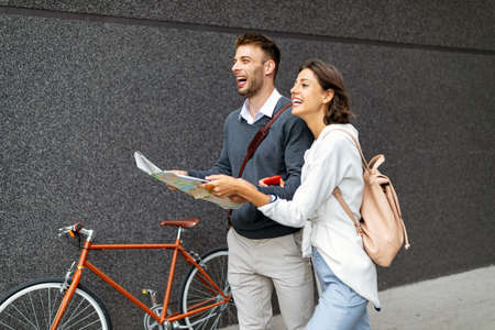 Happy young modern stylish couple urban city travel outdoors