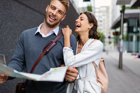 Happy young modern stylish couple urban city travel outdoors