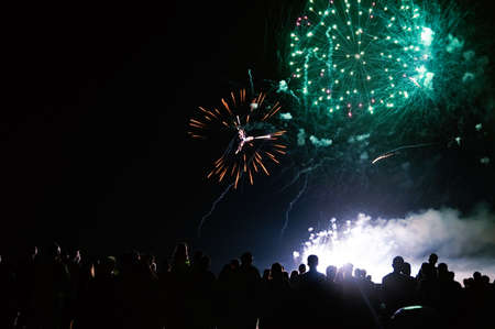 New year concept - cheering crowd and fireworks