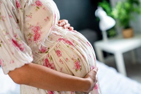 Portrait of pregnant woman touching her belly with handsの写真素材
