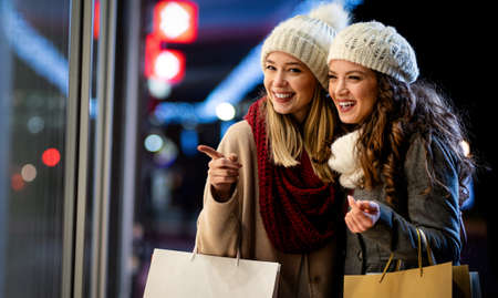 Portrait of cheerful young happy woman doing Christmas shopping. Christmas shopping people conceptの写真素材