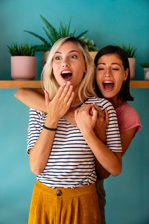 Portrait of happy young women, friends having fun together. People happiness concept.の写真素材