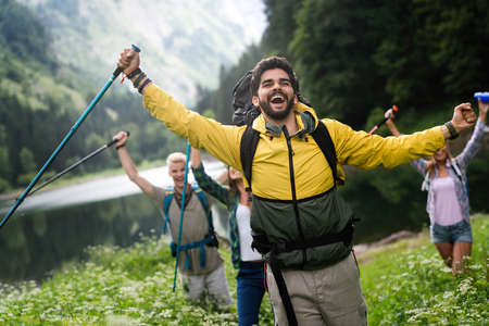 Hiking camping backpacker outdoor journey travel trekking conceptの写真素材