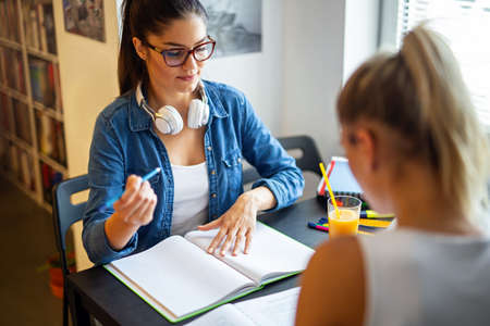 Portrait of happy young people studying together in a library. Education study teenager concept