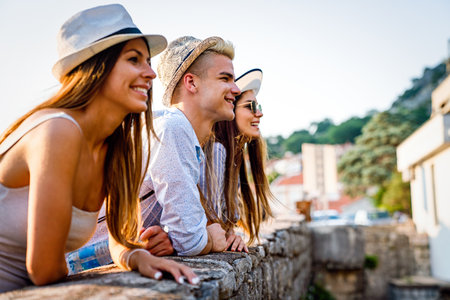 Group of happy friends enjoying travel and summer vacation together.の写真素材