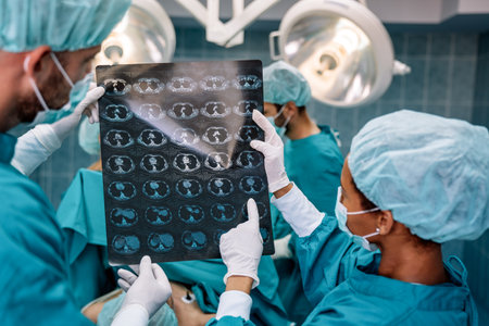 Medical doctors looking at x-rays in a hospital before operation. Healthcare, medical conceptの写真素材