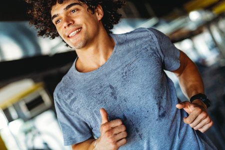 Portrait of pretty fit african american man in sport clothes exercising in gymの写真素材