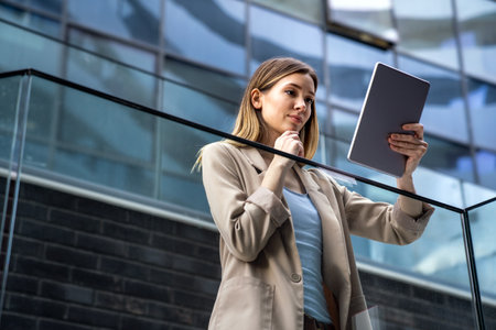 Portrait of successful woman using digital tablet in urban background. Business people conceptの写真素材