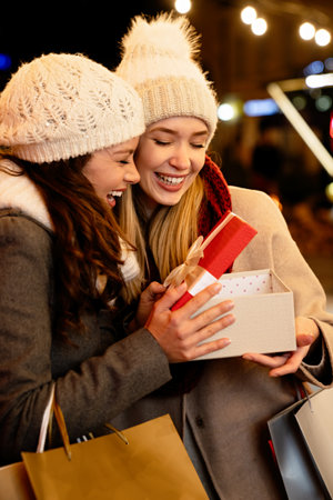 Portrait of happy women exchanging christmas presents. Holiday people christmas happiness conceptの写真素材