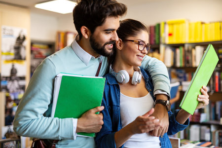 Group of happy college students studying in the school library. Education people university conceptの写真素材