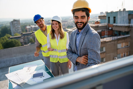 Team of architects people in group on construciton site check documents and business workflowの写真素材