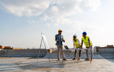 Business, teamwork and people concept. Group of engineers and architects on construction siteの写真素材