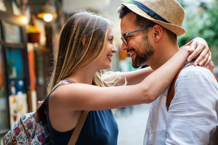 Portrait of happy couple having date and fun on vacation. People travel happiness concept.の写真素材