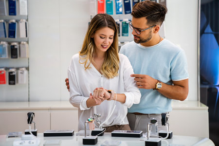 Technology people smart devices concept. Happy couple buying new smart watch in tech store.