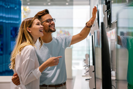 Portrait of happy couple shopping in a tech store. Technology people smart device conceptの写真素材
