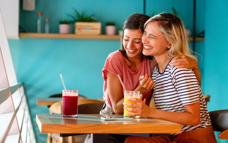 Portrait of happy young women, friends having fun together. People happiness concept.の写真素材