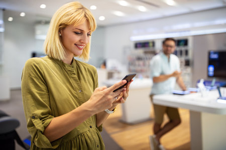 Close up of a young woman in a tech store, exploring new smart phone. Digital device people concept.
