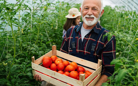 Happy and smiling senior man working in greenhouse. People organic healthy food conceptの写真素材