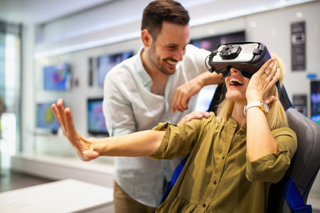 Group of people using virtual reality headset at exhibition, show. VR technology simulation concept