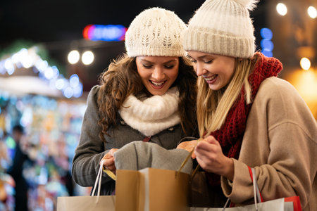 Sale, shopping, tourism and happy people concept. Beautiful females with shopping bags in the cityの写真素材