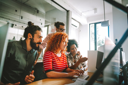 Team of programmers writing digital code in the metaverse and working together on the internetの写真素材