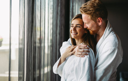 Couple enjoying wellness weekend and spa. Happy people relaxing and spending quality time togetherの写真素材