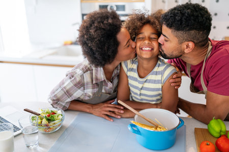 Happy african american family preparing healthy food in kitchen, having fun together on weekendの写真素材
