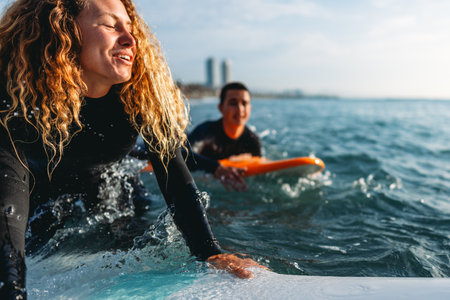 Young people having fun, enjoying their vacations outdoors at the beach with surfboards. Sport, surfの写真素材