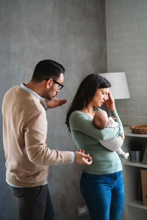 Stressed couple arguing and having marriage problems. Marriage difficulties, divorce concept.の写真素材
