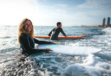 Young people having fun, enjoying their vacations outdoors at the beach with surfboards. Sport, surfの写真素材