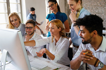 Programmers cooperating at IT company developing apps. Business people technology concept