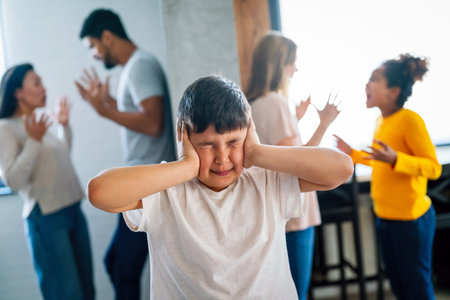 Family arguments and fights make children stressful angry or sadの写真素材