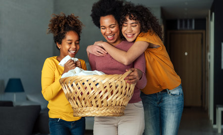 Happy black children helping for mother do household and domestic chores togetherの写真素材