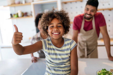 Happy african american family preparing healthy food in kitchen, having fun together on weekendの写真素材