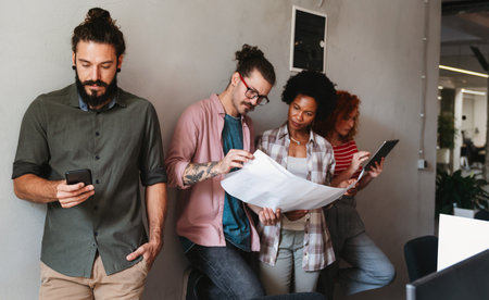 Group of young multiracial business people are working together in modern office. Freelancer concept