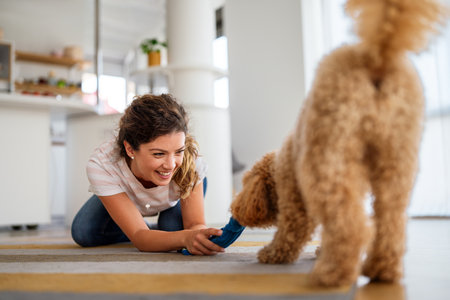 Cute dog enjoys love from owners at home. Couple pets and cares for furry friend, creating a bond.の写真素材