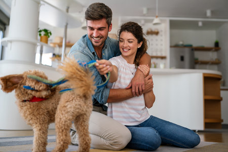 Portrait of happy multiracial couple scratching their pet dog, sitting on floor at home. Adopted petの写真素材