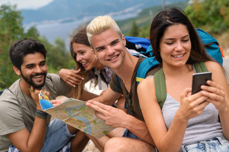 Multiracial best friends having fun outside. Happy friends on road trip have fun at summer vacationの写真素材