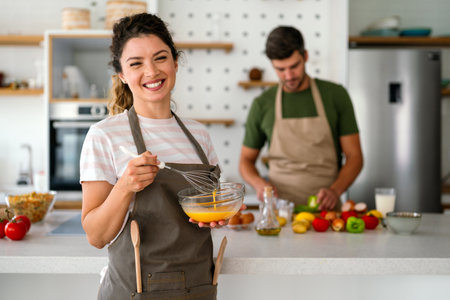 A young couple in love having good time while preparing a breakfast together on a beautiful morningの写真素材