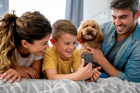 Joyful Caucasian family spending time together with digital devices and dog at home.の写真素材
