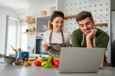 Secret ingredient is love. Couple preparing a healthy meal together while spending free time at homeの写真素材