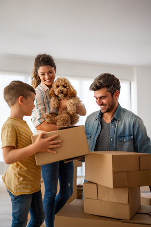 Happy family with cardboard boxes in new house at moving day.の写真素材