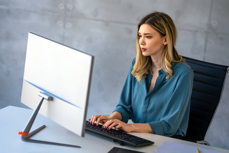 Success young professional businesswoman investor,manager at workplace working on computer in officeの写真素材